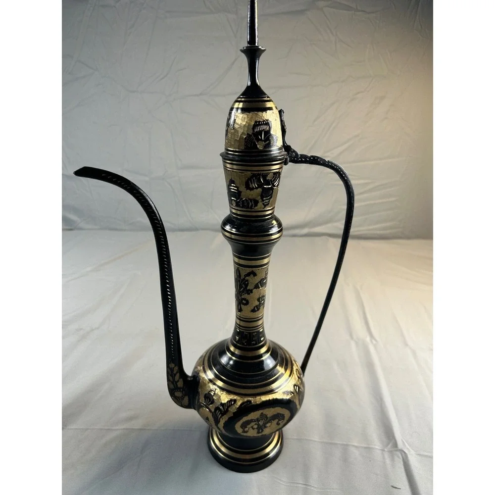 Vintage Brass And Black Etched Surahi Vessel - 18‎ 1/2